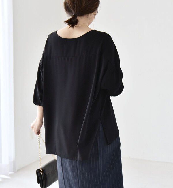 quaranciel「《予約》quaranciel:〈洗濯機可能〉ジョーゼット ニュアンス  T-ブラウス」|シャツ・ブラウス|ブラック