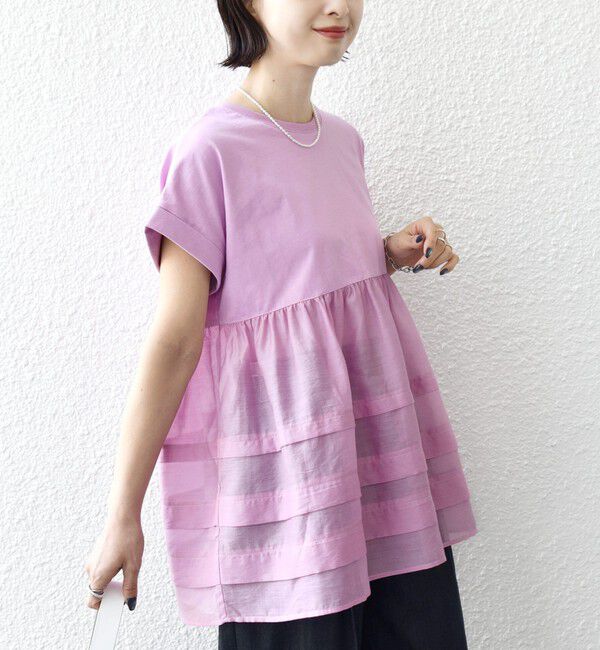 SHIPS for women「《予約》【WEB限定】〈手洗い可能〉布帛 コンビ ペプラム TEE」|Tシャツ・カットソー|ピンク