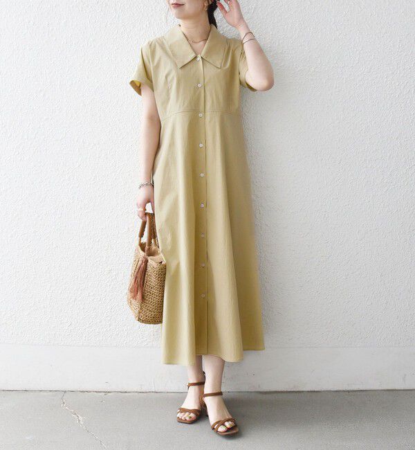 SHIPS any「《予約》SHIPS any:〈洗濯機可能〉フラットカラー Vネック フレア ワンピース 2」|ワンピース|イエロー