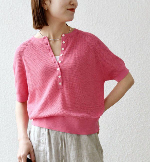 SHIPS any「《予約》SHIPS any:〈手洗い可能〉リネン レーヨン ヘンリーネック プルオーバー」|ニット・セーター|ピンク