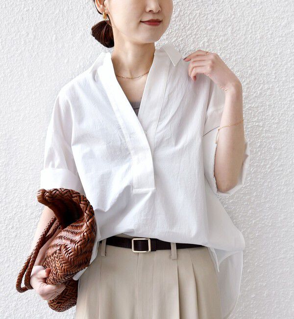 SHIPS for women「〈手洗い可能〉無地/ストライプ スキッパー サイド スリット 半袖 シャツ」|シャツ・ブラウス|