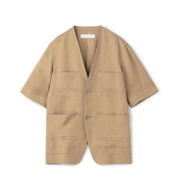 GALERIE VIE「リブコンビフレンチリネン ハーフスリーブジャケット」|ノーカラージャケット|45 キャメル