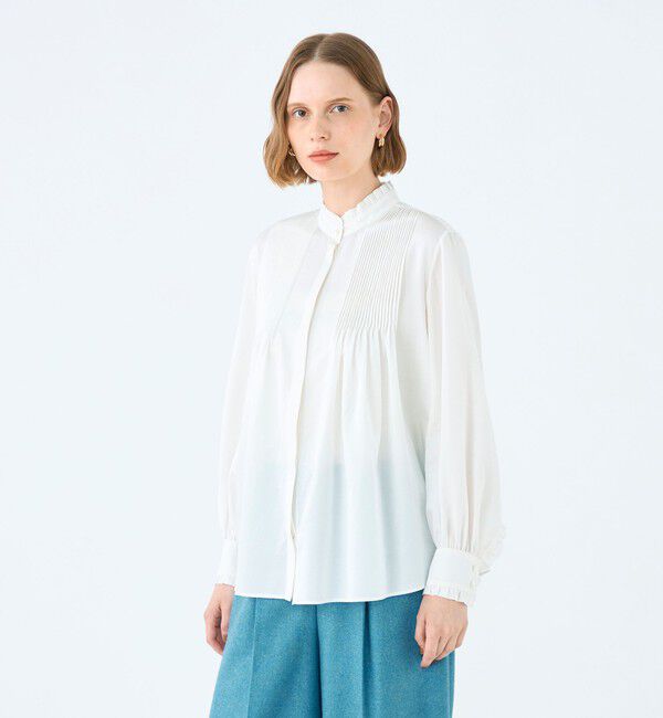 Ballsey「コットンシルクサテン ピンタックフリルブラウス」|シャツ・ブラウス|