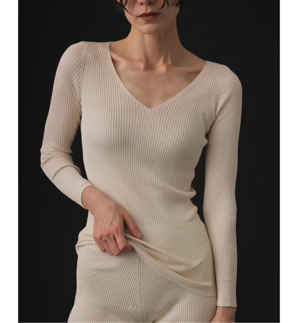 EMILYWEEK「シルク混リブVネックプルオーバー」|Tシャツ・カットソー|ナチュラル