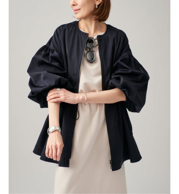 VERMEIL par iena「《追加2》ノーカラーギャザーZIPブルゾン」|その他|ネイビー