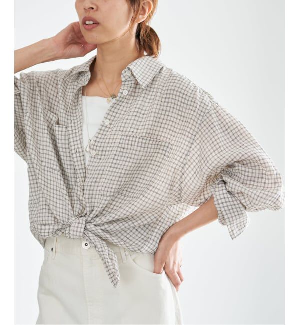 IENA「《セットアップ対応/予約》フレンチリネンチェックレギュラーカラーシャツ」|シャツ・ブラウス|