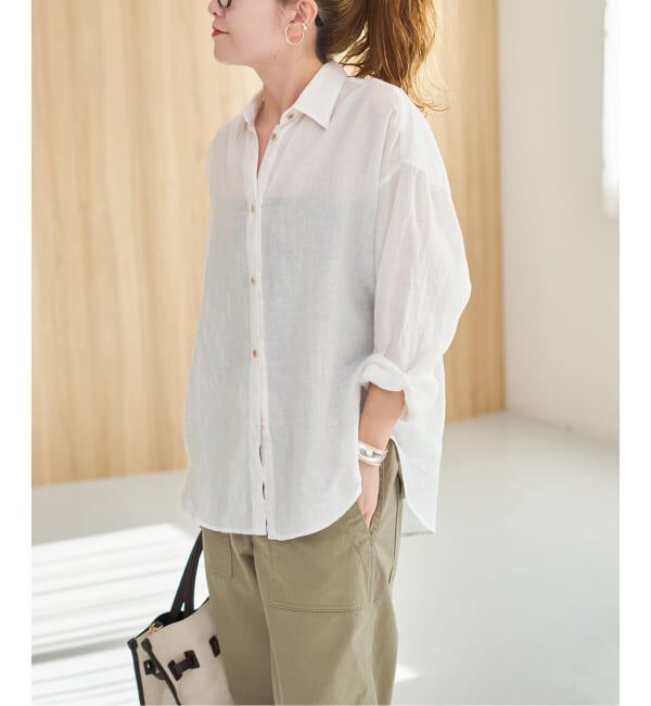 Spick and Span「《程よくすっきりサイズ》 80リネンカシュクール ミディシャツ」|シャツ・ブラウス|ホワイト