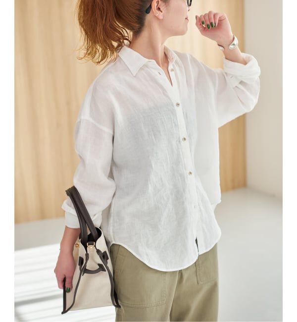 Spick and Span「《程よくすっきりサイズ》 80リネンカシュクール ミディシャツ」|シャツ・ブラウス|