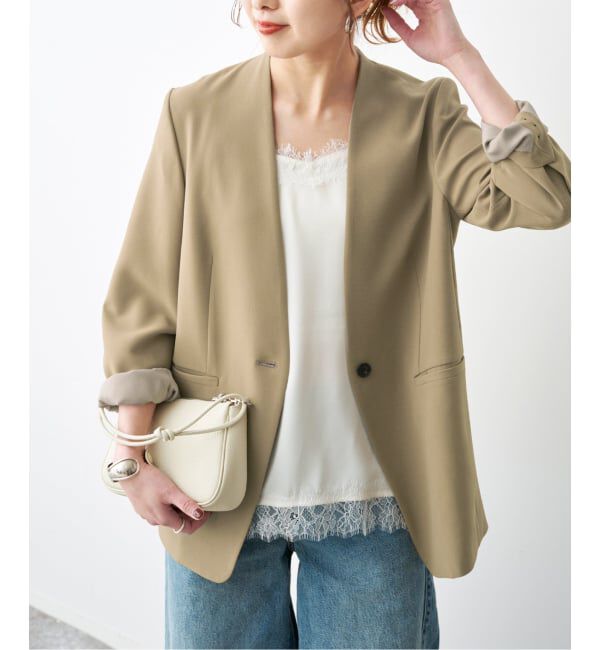 Spick and Span「《セットアップ可》トロストレッチVカラージャケット」|ノーカラージャケット|ベージュ