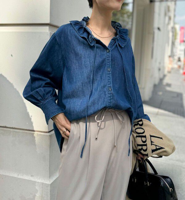 Rie Miller「【RM denim】フリルギャザーデニムブラウス」|シャツ・ブラウス|