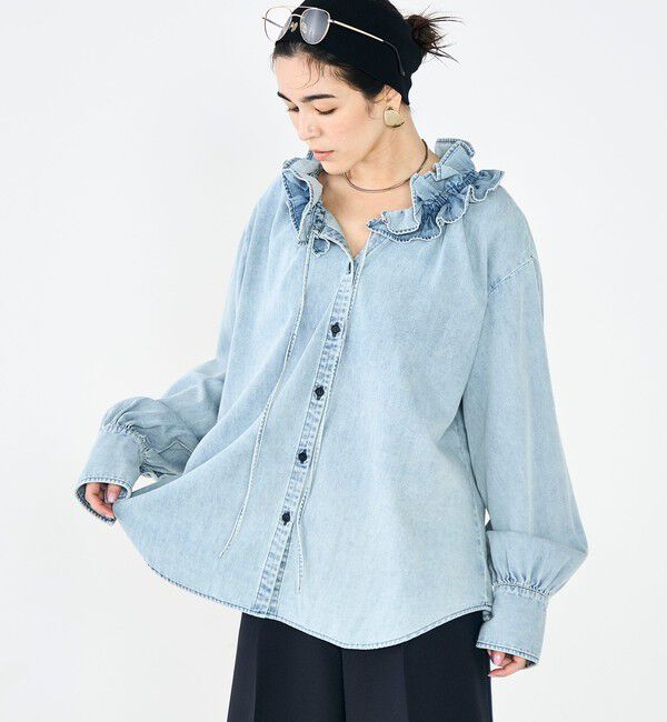 Rie Miller「【RM denim】フリルギャザーデニムブラウス」|シャツ・ブラウス|