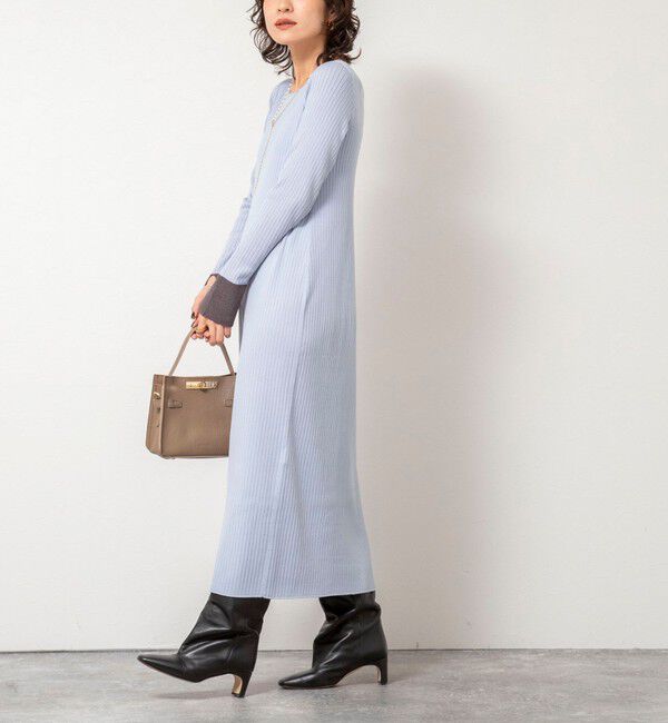 NOLLEY'S sophi「《手洗い可能》ウール混ワイドリブ袖口配色ロングワンピース」|ワンピース|サックス