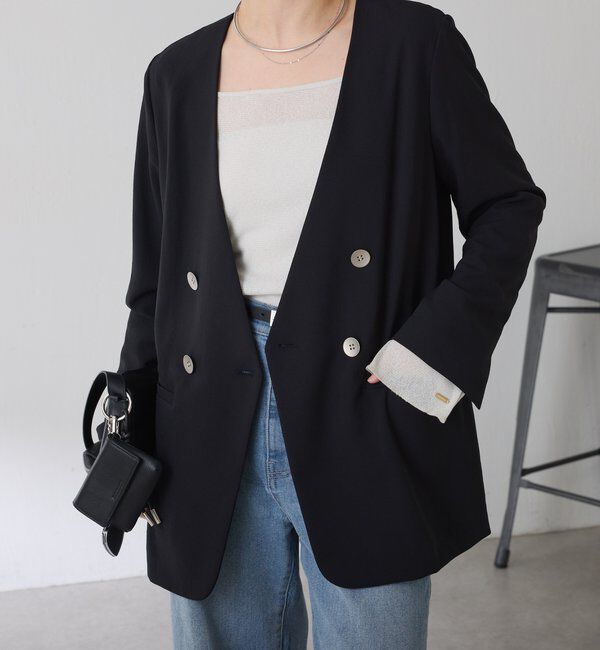  「《自宅で洗える》ジャージノーカラーダブルジャケット/セレモニー」|スーツ|