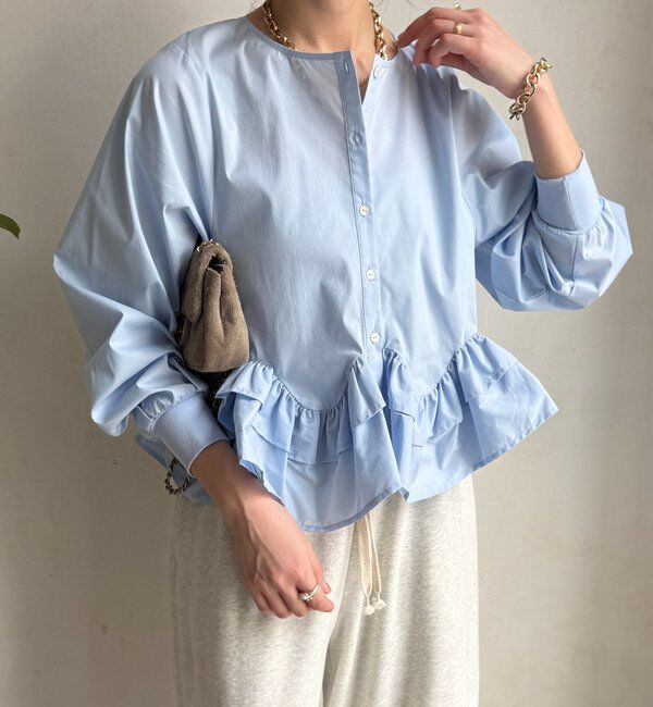  「袖リブペプラムフリルブラウス」|シャツ・ブラウス|サックスブルー