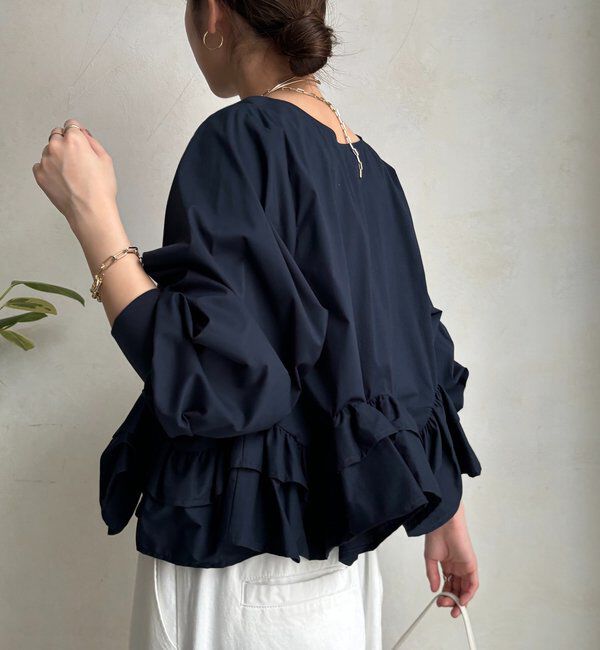  「袖リブペプラムフリルブラウス」|シャツ・ブラウス|ネイビー