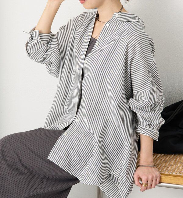  「予約【女性らしい抜け感】リネン混ストライプシャツ」|シャツ・ブラウス|ブラック