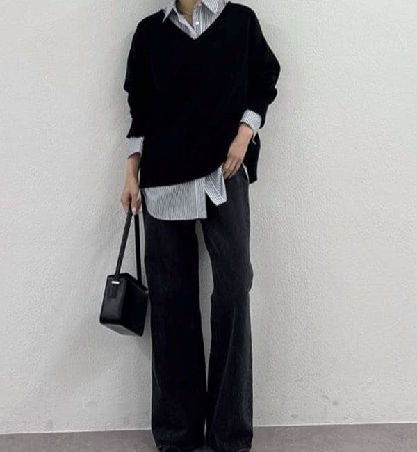  「【CHIKAコラボ】【着やせ&times;時短おしゃれ】タイ付き総針Vネックニット」|ニット・セーター|