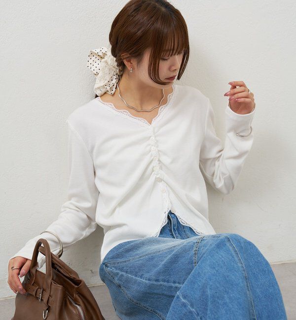  「ギャザーレースリブカーディガン」|Tシャツ・カットソー|