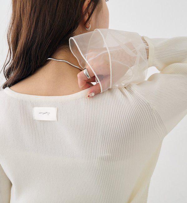  「袖チュール付きリブカーディガン」|カーディガン|