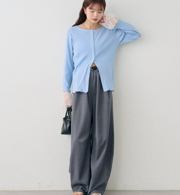  「袖チュール付きリブカーディガン」|カーディガン|