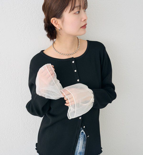  「袖チュール付きリブカーディガン」|カーディガン|