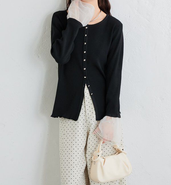  「袖チュール付きリブカーディガン」|カーディガン|