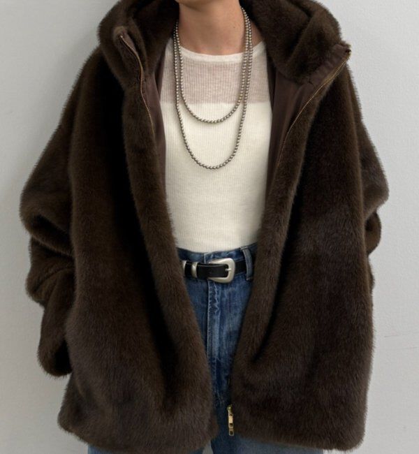  「フードフェイクファーブルゾン」|ベスト・ジレ|ブラウン