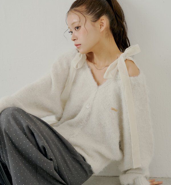  「【ブローチ取外し可】ベロアリボンルーズニットカーディガン」|カーディガン|アイボリー