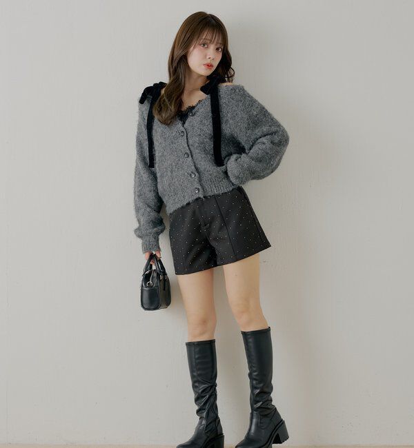  「【ブローチ取外し可】ベロアリボンルーズニットカーディガン」|カーディガン|