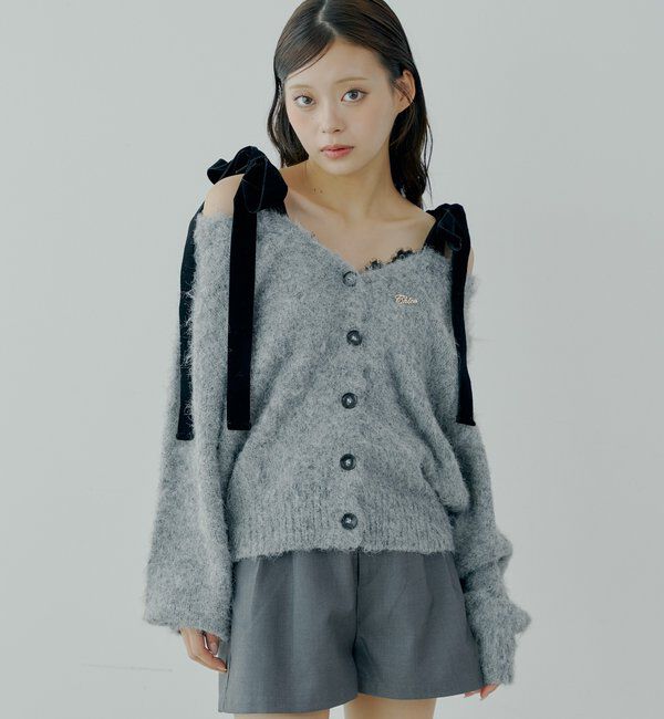  「【ブローチ取外し可】ベロアリボンルーズニットカーディガン」|カーディガン|