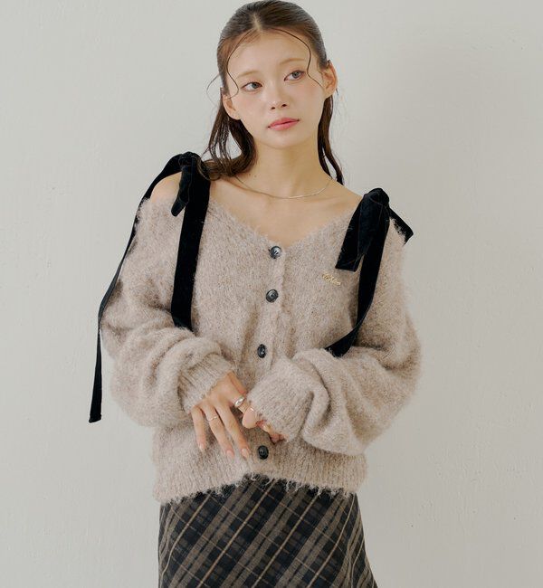  「【ブローチ取外し可】ベロアリボンルーズニットカーディガン」|カーディガン|