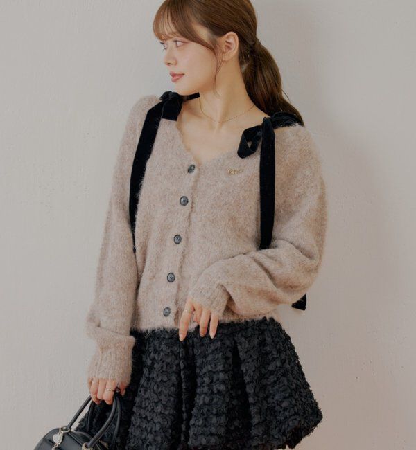  「【ブローチ取外し可】ベロアリボンルーズニットカーディガン」|カーディガン|