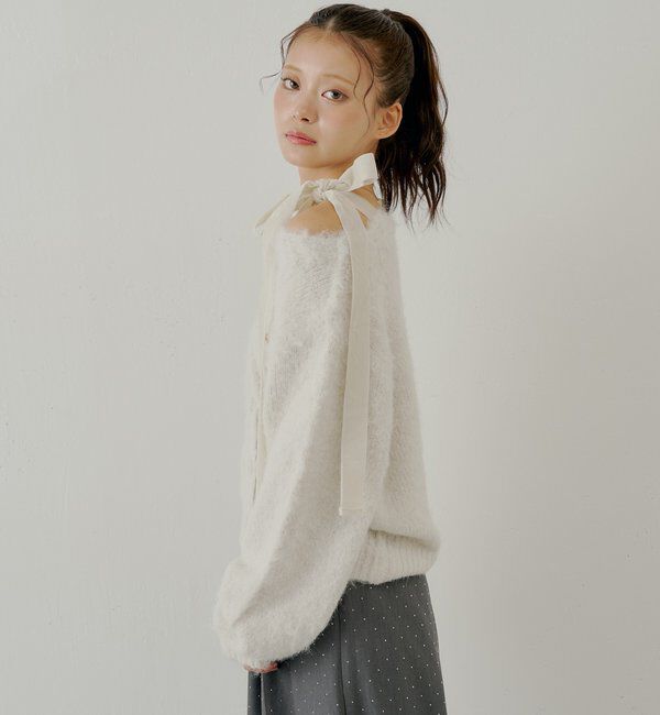  「【ブローチ取外し可】ベロアリボンルーズニットカーディガン」|カーディガン|