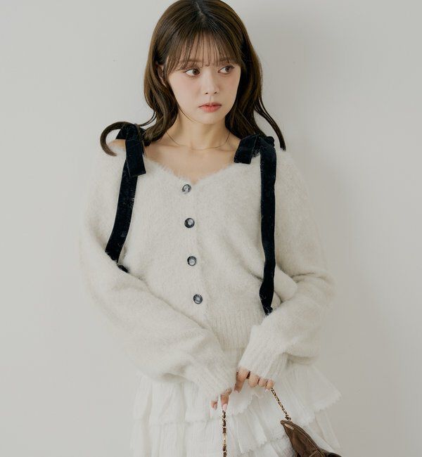  「【ブローチ取外し可】ベロアリボンルーズニットカーディガン」|カーディガン|