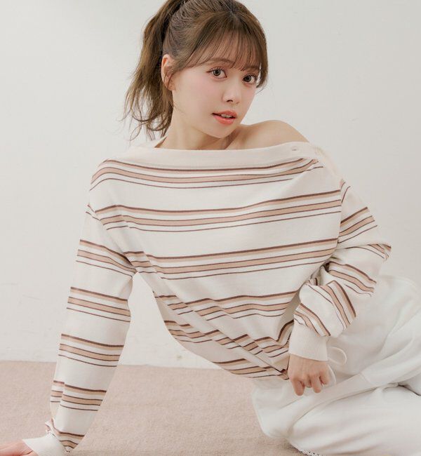  「ワンショルボーダーニット」|ニット・セーター|ベージュ