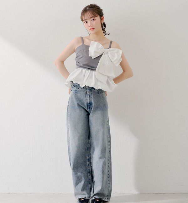  「ラインストーンロゴワイドデニムパンツ」|デニム|