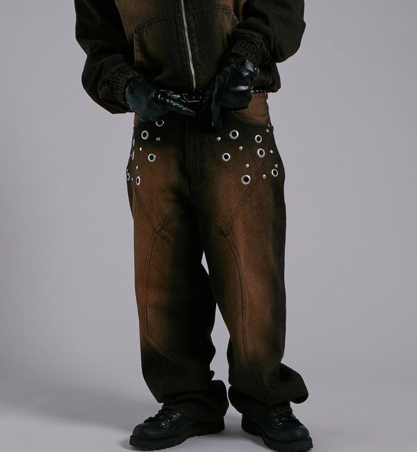  「アイレットスタッズスウィッチングブラストワイドデニム」|デニム|ブラック