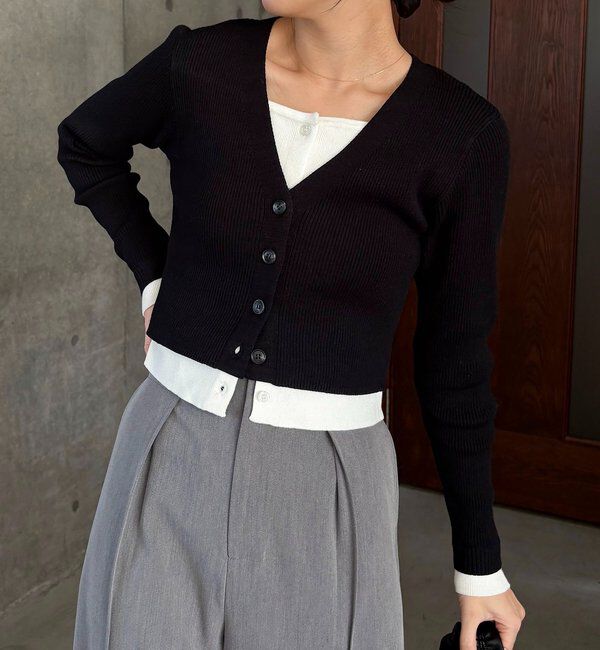  「バイカラーレイヤードカーディガン」|カーディガン|ブラック
