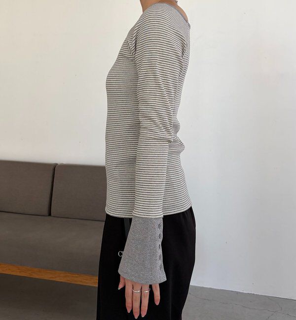  「ボーダー袖ボタンロンT」|Tシャツ・カットソー|