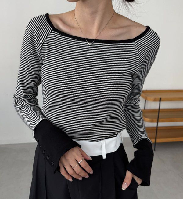  「ボーダー袖ボタンロンT」|Tシャツ・カットソー|