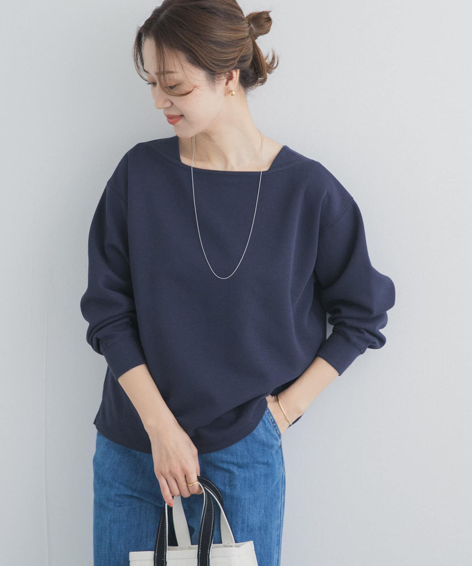 URBAN RESEARCH DOORS「強撚ダンボールボートネックプルオーバー」|Tシャツ・カットソー|ネイビー