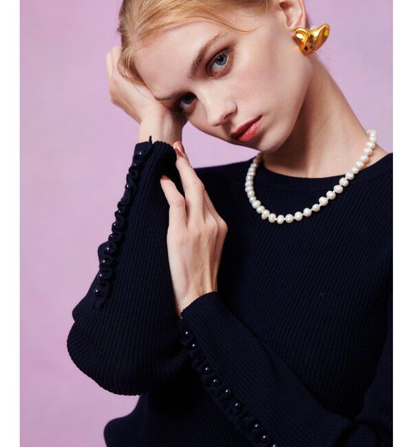 LOULOU WILLOUGHBY「【LOULOU WILLOUGHBY】フリルスリットプルオーバー」|ニット・セーター|ネイビー