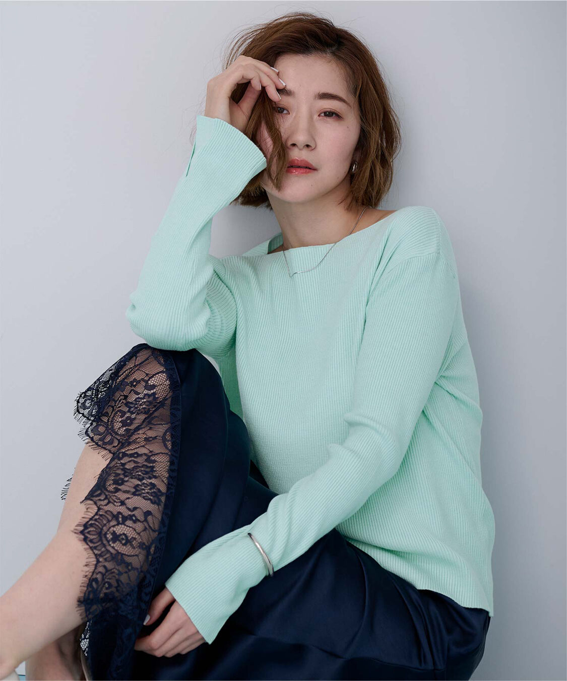 ur's「ボートネックスリットスリーブリブニット」|ニット・セーター|ミントグリーン