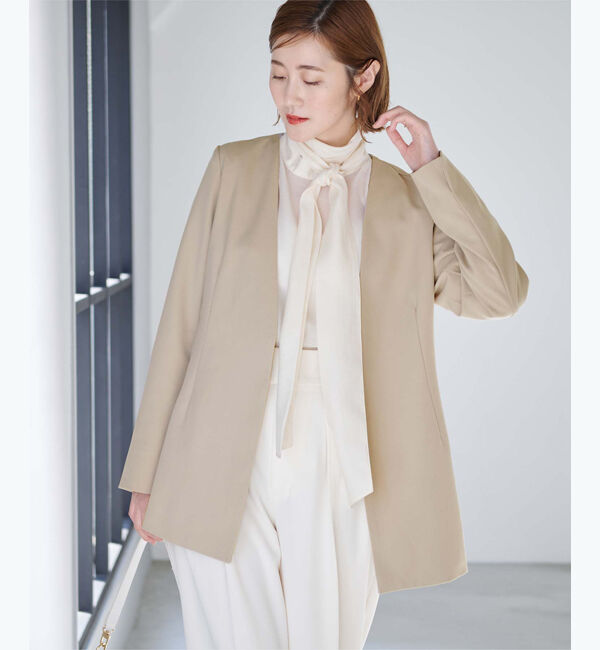 ur's「ベーシックノーカラーVネックジャケット」|ノーカラージャケット|グレージュ