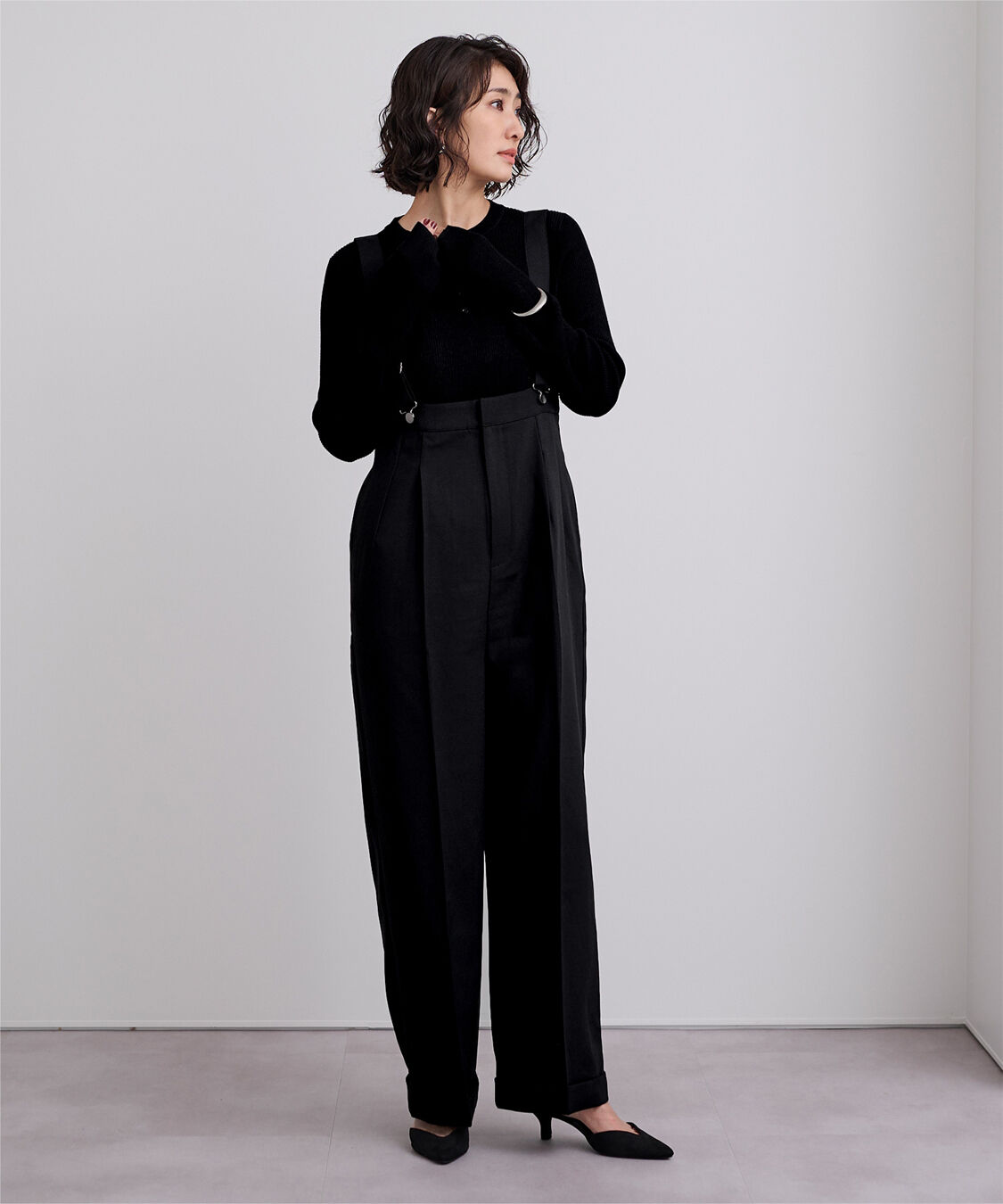 ur's「センタープレスダブルサロペットパンツ」|オールインワン|ブラック