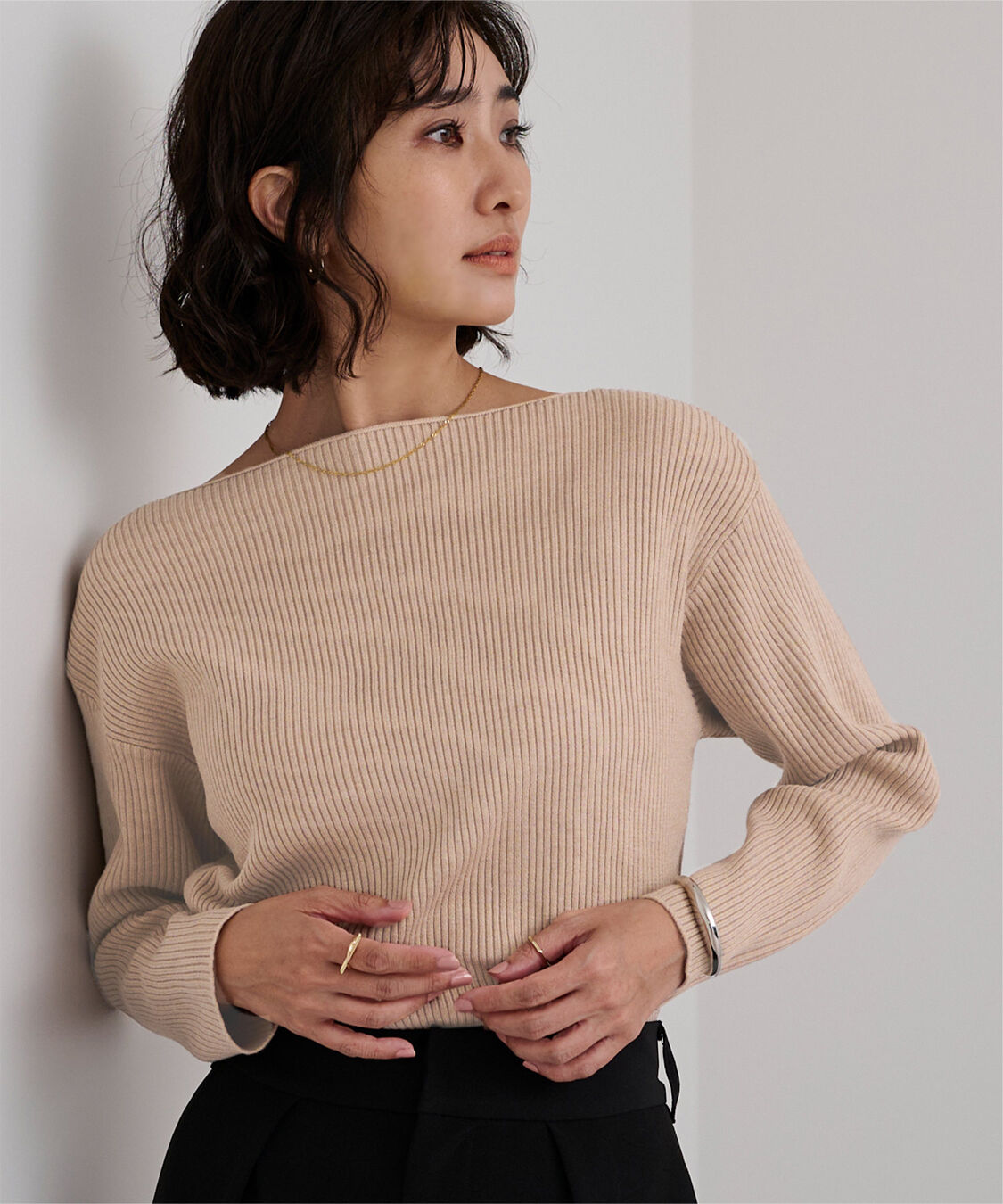 ur's「ボートネックドロップショルダーリブニット」|ニット・セーター|ベージュ