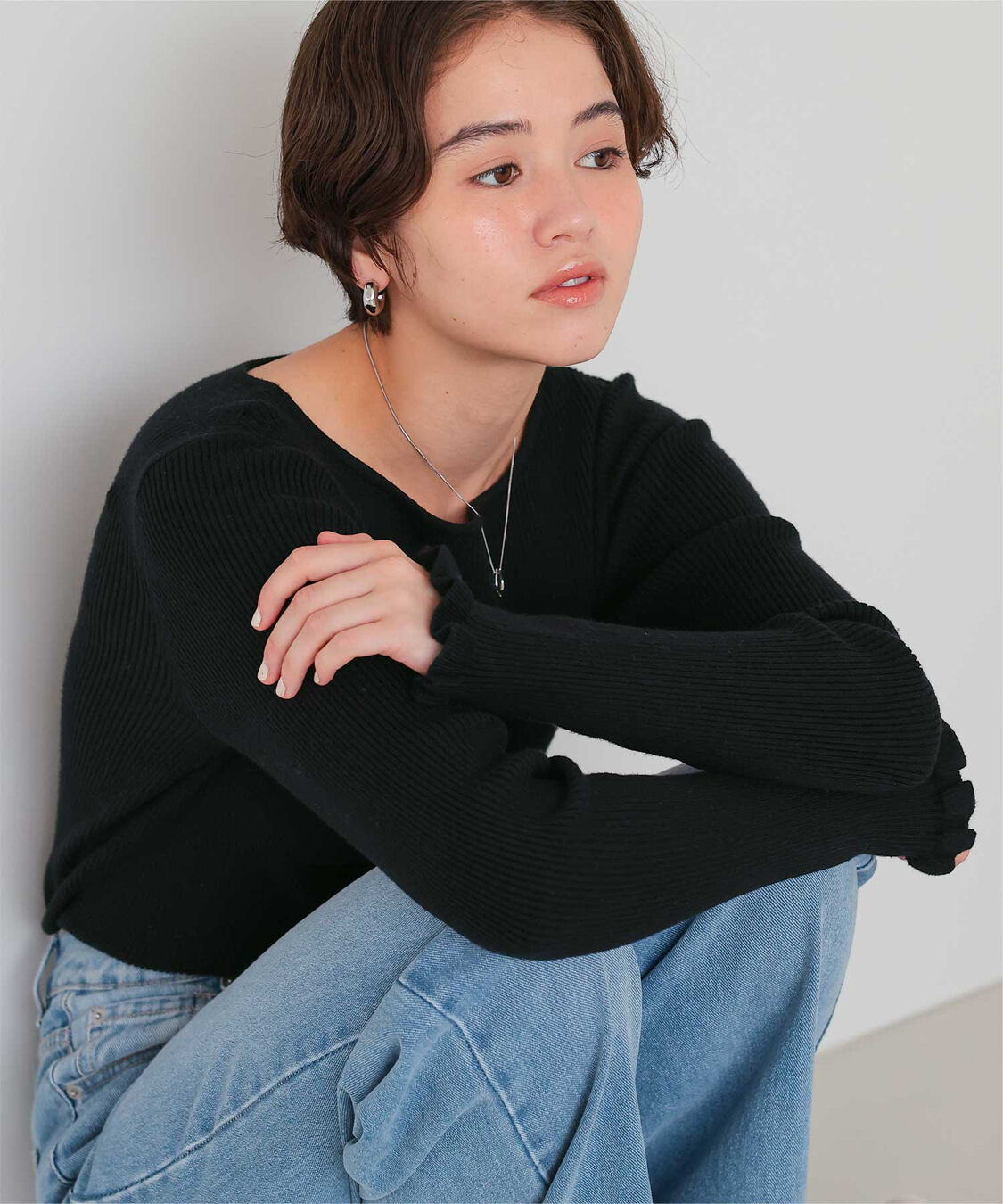 titivate「ふわっとタッチフリルスリーブリブニット」|ニット・セーター|