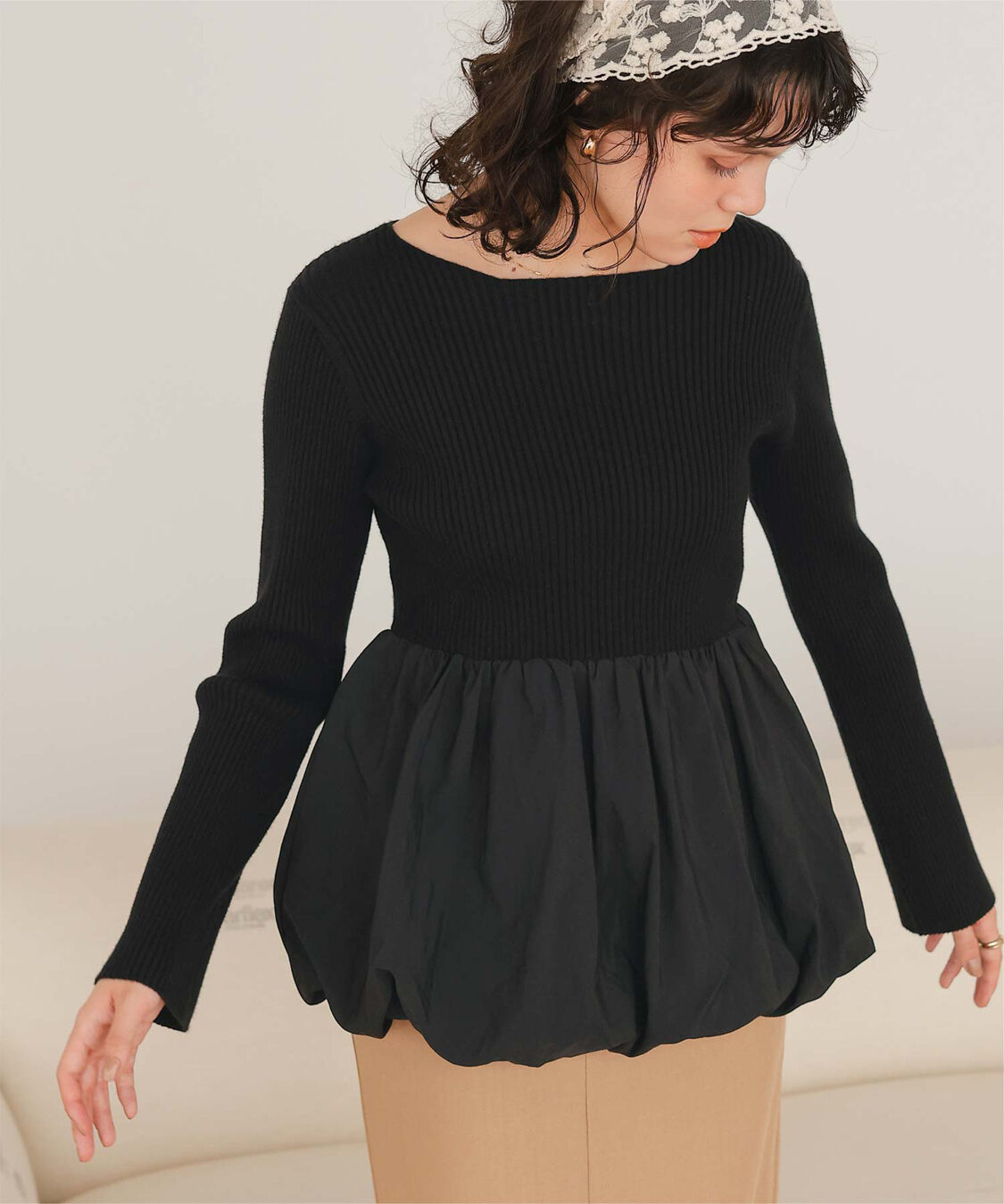 titivate「ヘムバルーンドッキングボートネックリブニット」|ニット・セーター|ブラック
