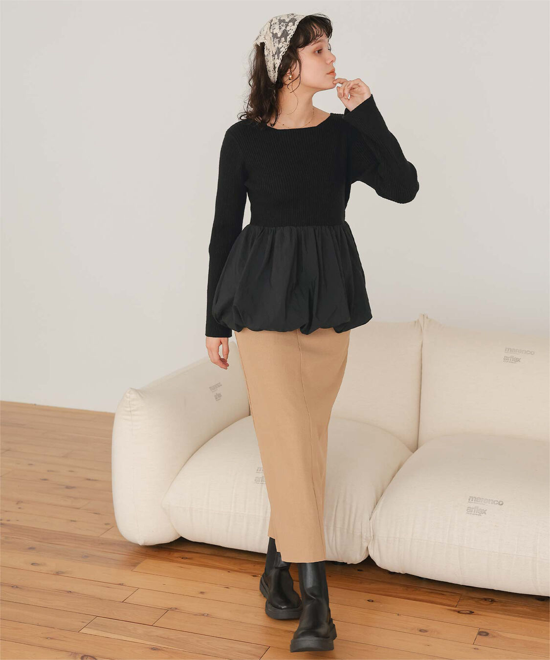 titivate「ヘムバルーンドッキングボートネックリブニット」|ニット・セーター|