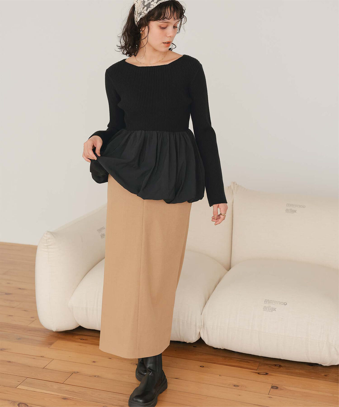 titivate「ヘムバルーンドッキングボートネックリブニット」|ニット・セーター|